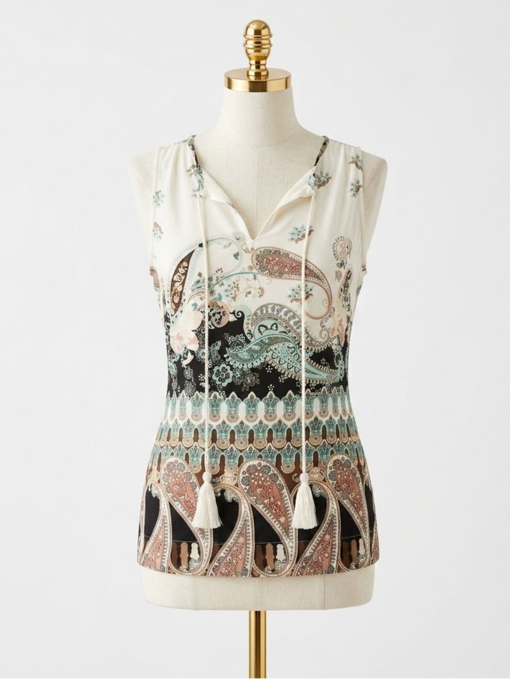 New York & Company Boho Paisley Sleeveless Tassel Tie Front Blouse Tank Top Sz M
